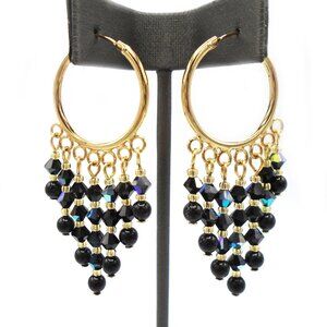 NWT ~ BLACK AUSTRIAN CRYSTALS and Crystal Pearls Hoop Chandelier Earrings